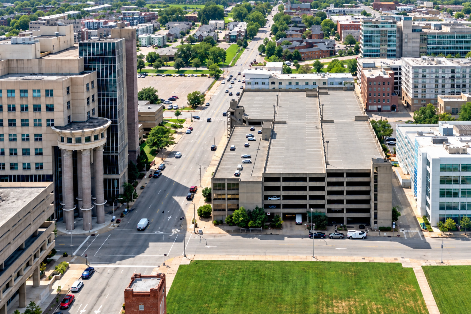 Aerial context of Advocacy Plaza in downtown Louisville