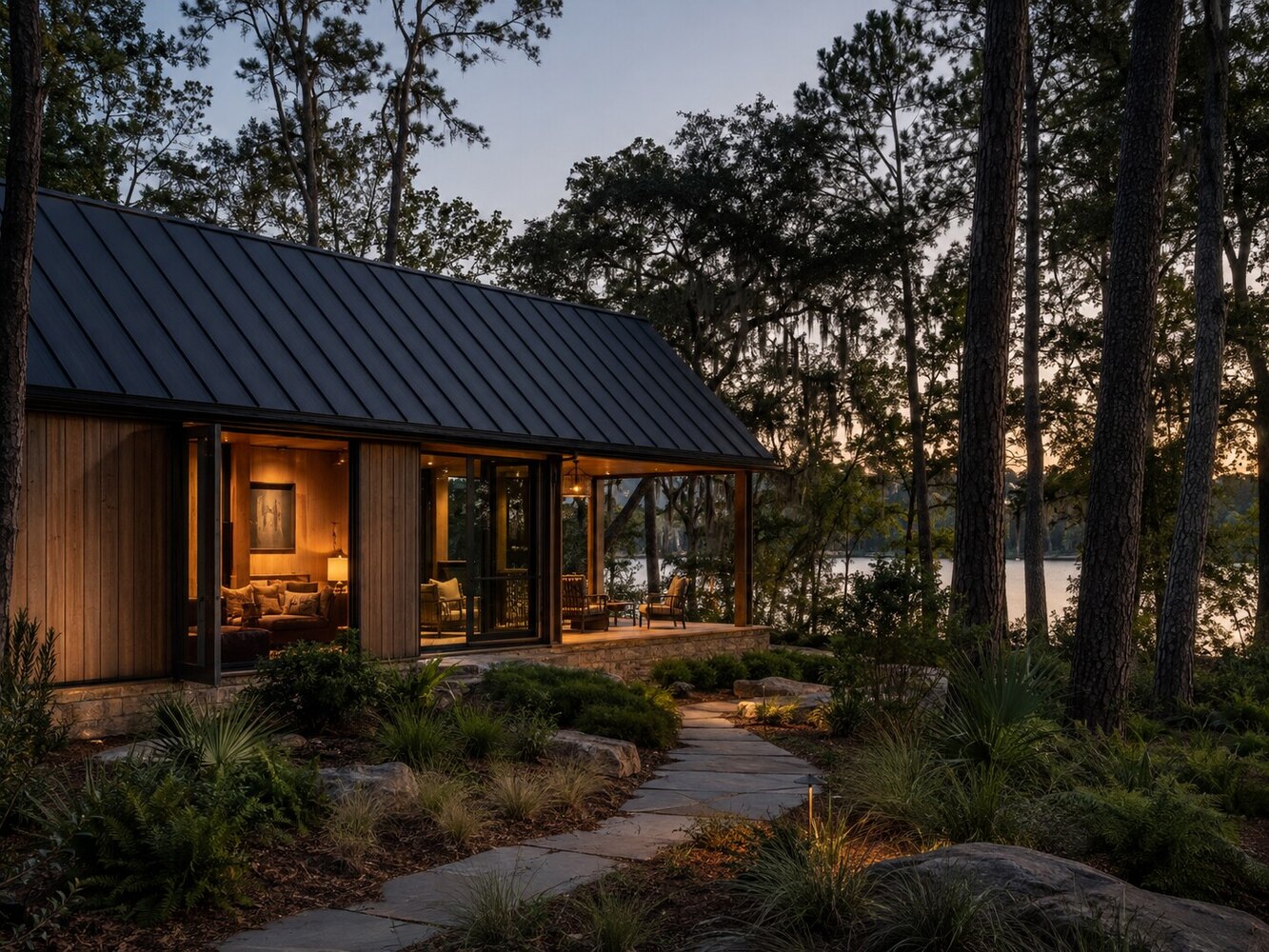 Modern cabin integrated into the wooded property